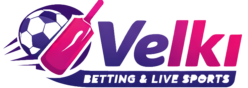 Velki logo for www velki com featuring soccer ball, cricket bat, and tagline Betting & Live Sports.